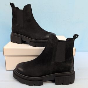 Women's Suede Waterproof Chelsea Ankle Chunky Lug Sole Boots EU 41 Black